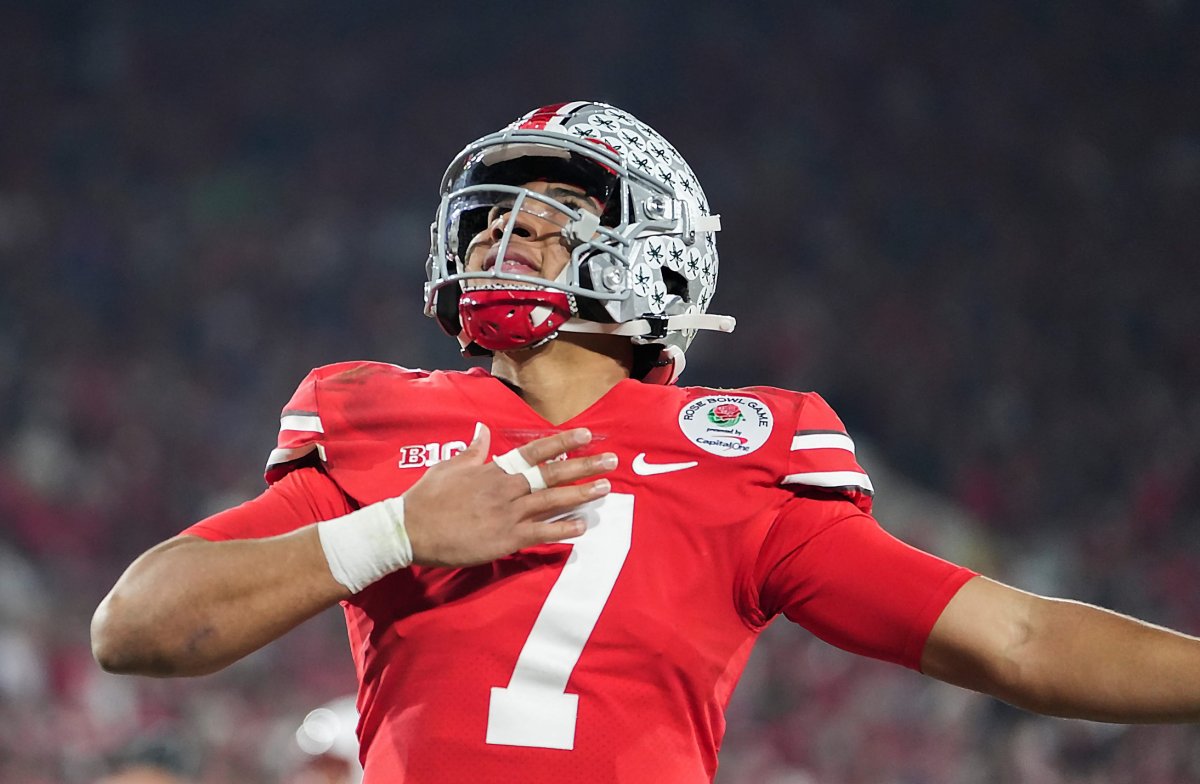 Ohio State Buckeyes quarterback C.J. Stroud celebrates after a touchdown pass during the fourth quarter vs. the Utah Utes at the Rose Bowl in Pasadena, Calif. on Jan. 1, 2022. Syndication The Columbus Dispatch