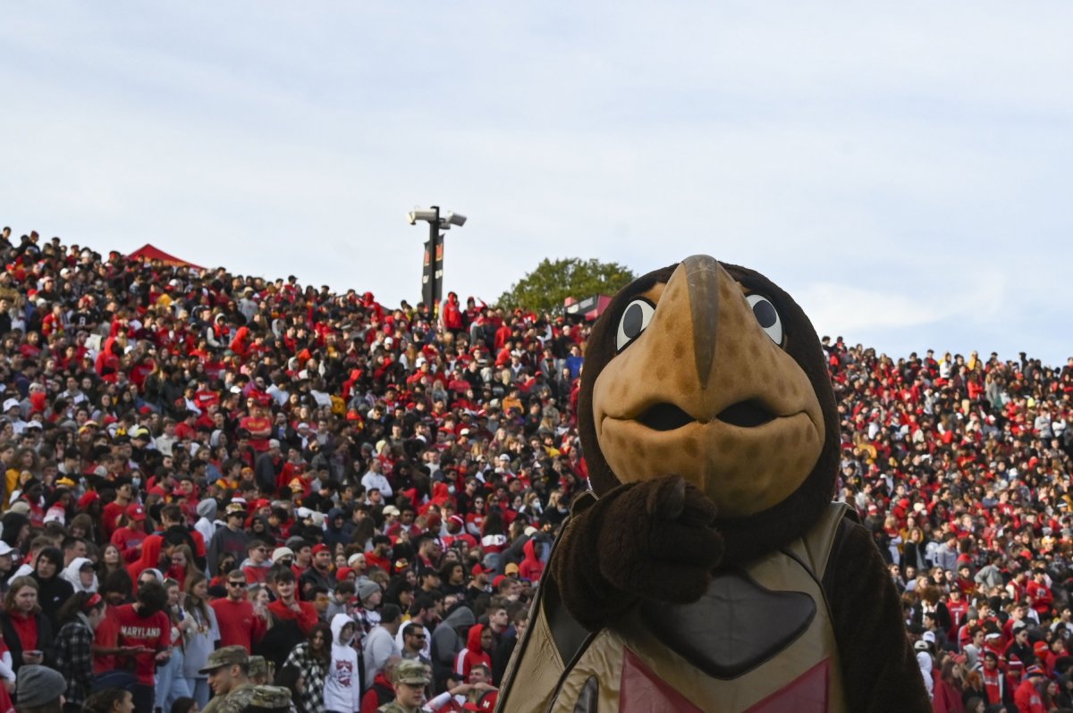 Nov 6, 2021; College Park, Maryland, USA; Maryland Terrapins mascot stand behind the end zone during the game against the Penn State Nittany Lions at Capital One Field at Maryland Stadium. Mandatory Credit: Tommy Gilligan-USA TODAY Sports