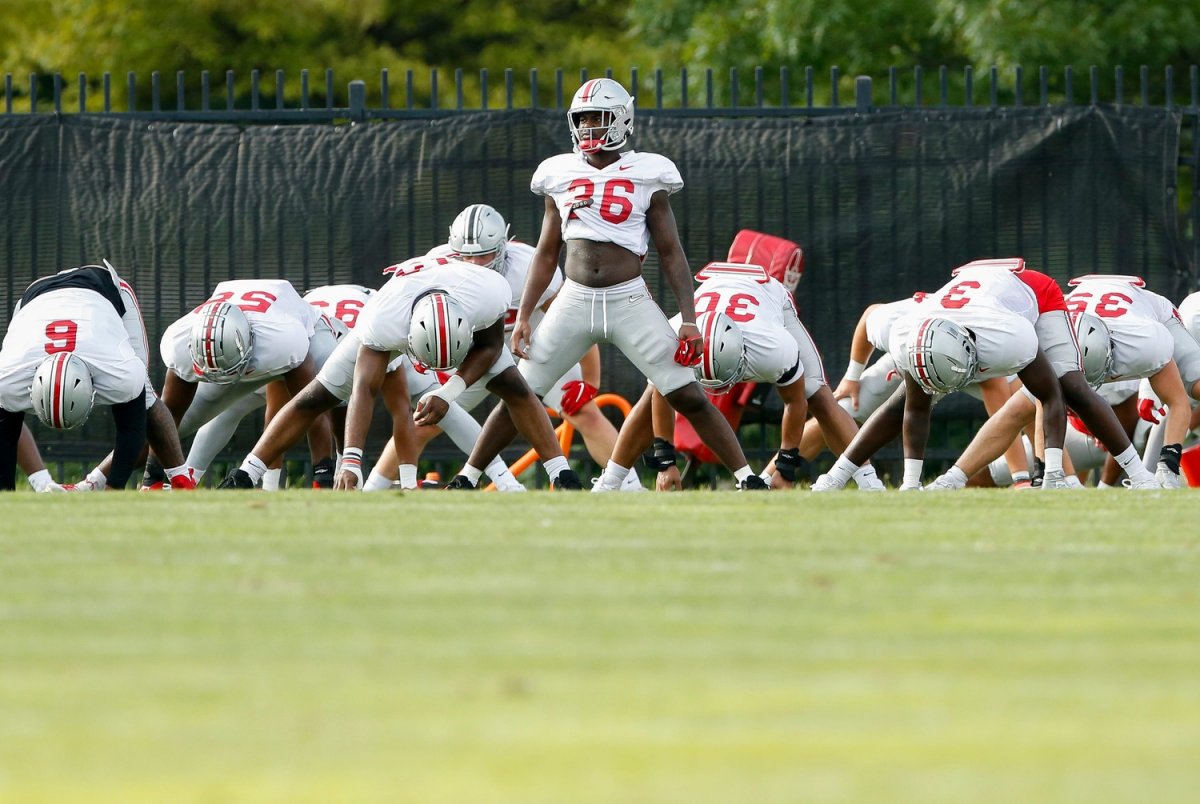 Ohio State Buckeyes linebacker K'Vaughan Pope (36) stretches during football training camp at the Woody Hayes Athletic Center in Columbus on Tuesday, Aug. 10, 2021. Ohio State Football Training Camp