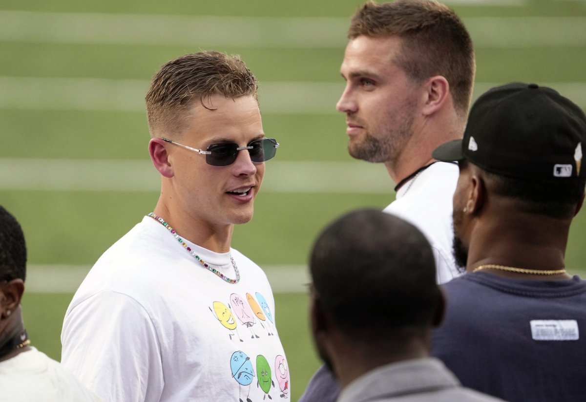 Sep 3, 2022; Columbus, Ohio, USA; Cincinnati Bengals quarterback Joe Burrow looks on before a football game between the Ohio State Buckeyes and Notre Dame Fighting Irish at Ohio Stadium. Mandatory Credit: Kyle Robertson-USA TODAY Sports