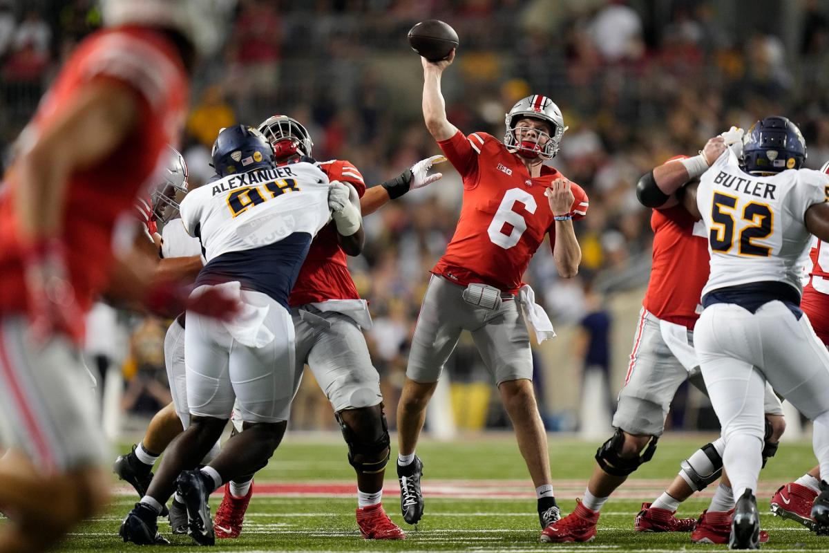 Sep 17, 2022; Columbus, Ohio, USA; Ohio State Buckeyes quarterback Kyle McCord (6) throws a pass during the second half of the NCAA Division I football game against the Toledo Rockets at Ohio Stadium. Ohio State won 77-21. Mandatory Credit: Adam Cairns-The Columbus Dispatch Ncaa Football Toledo Rockets At Ohio State Buckeyes
