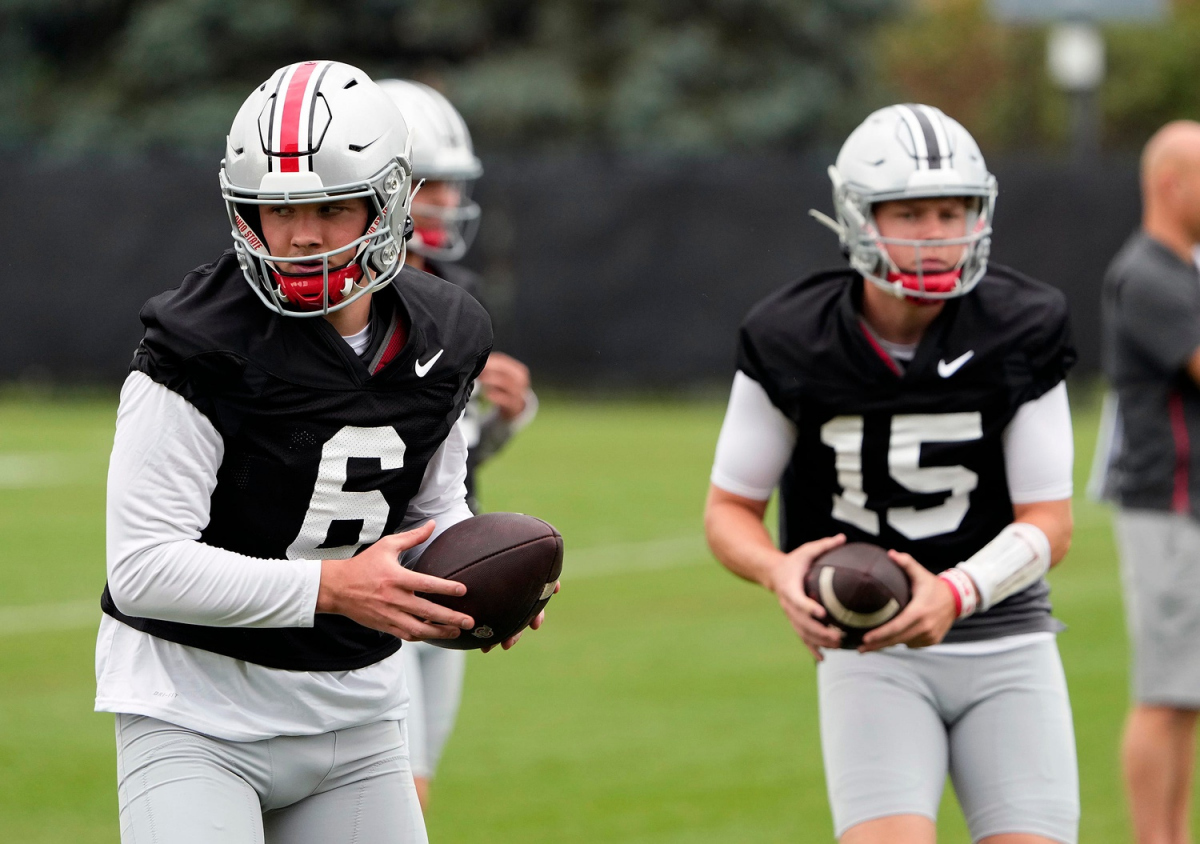 Aug 5, 2022; Columbus, OH, USA; Ohio State Buckeyes quarterback Kyle McCord (6) and Ohio State Buckeyes quarterback Devin Brown (15) during practice at Woody Hayes Athletic Center in Columbus, Ohio on August 5, 2022. Ceb Osufb0805 Kwr 10