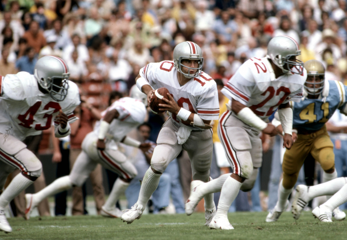 Sep 29, 1979; Pasadena, CA, USA: FILE PHOTO; Ohio State Buckeye quarterback Art Schlichter (10) in action against the UCLA Bruins during the 1979 season at the Rose Bowl. Mandatory Credit: Long Photography-USA TODAY Sports