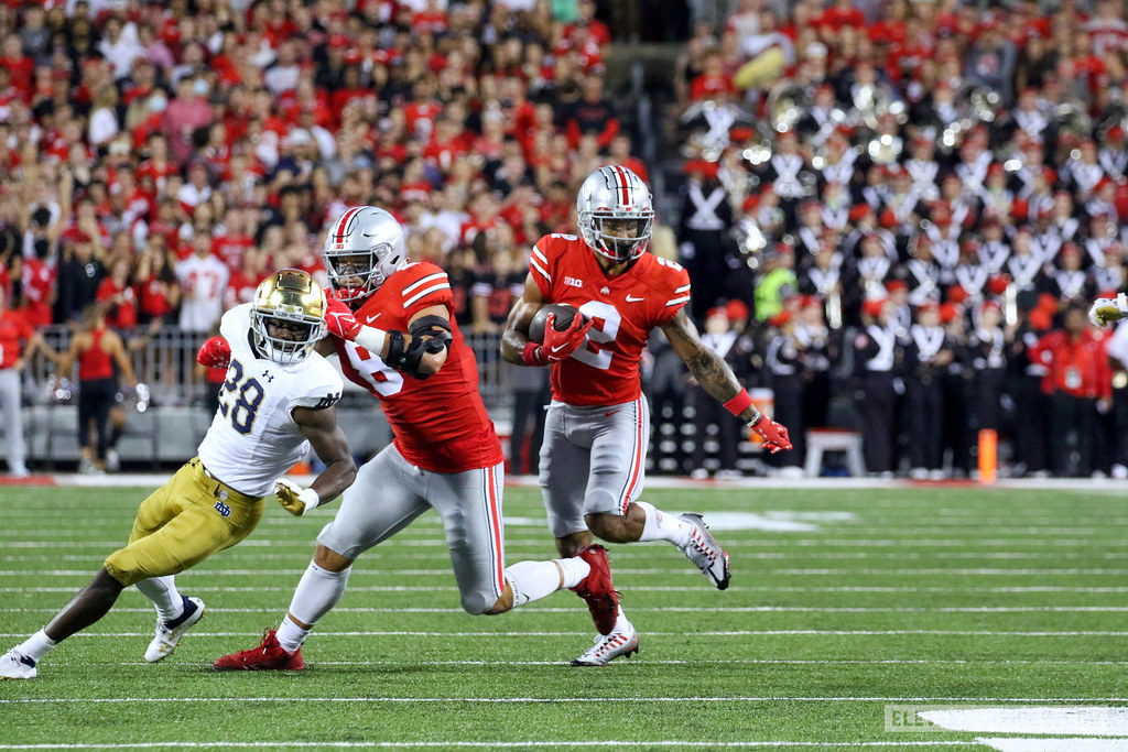 Wide receiver Emeka Egbuka and tight end Cade Stover of The Ohio State Buckeyes