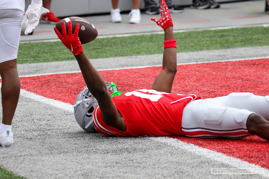 Wide receiver Marvin Harrison Jr. of the Ohio State Buckeyes scores one of two touchdowns against YSU.