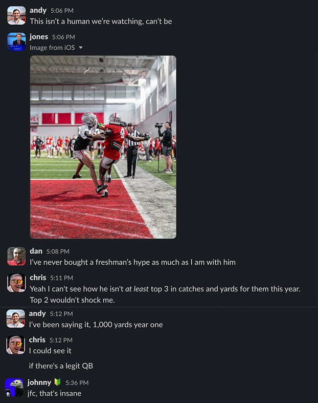 Slack Conversation after Jeremiah Smith's catch