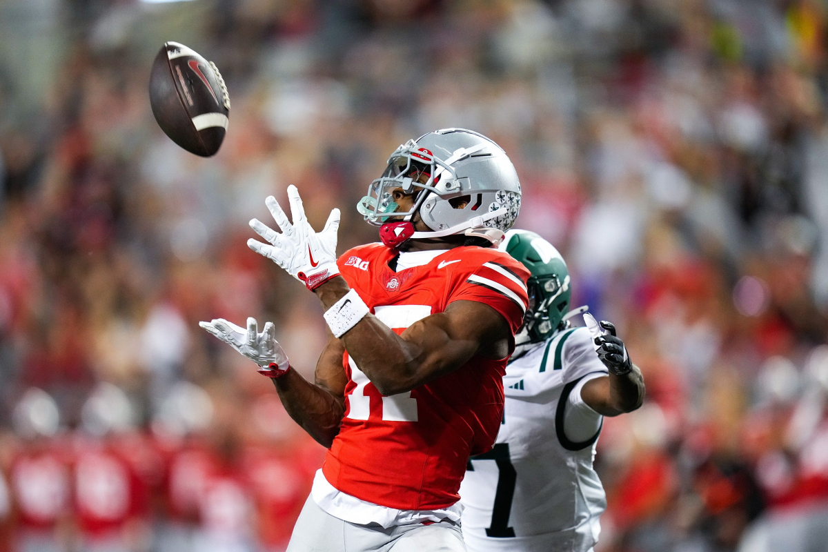Ohio State Buckeyes wide receiver Carnell Tate (17) catches a pass against the Ohio Bobcats in the second half at the Ohio Stadium on Saturday, Sept. 13, 2025 in Columbus, Ohio.