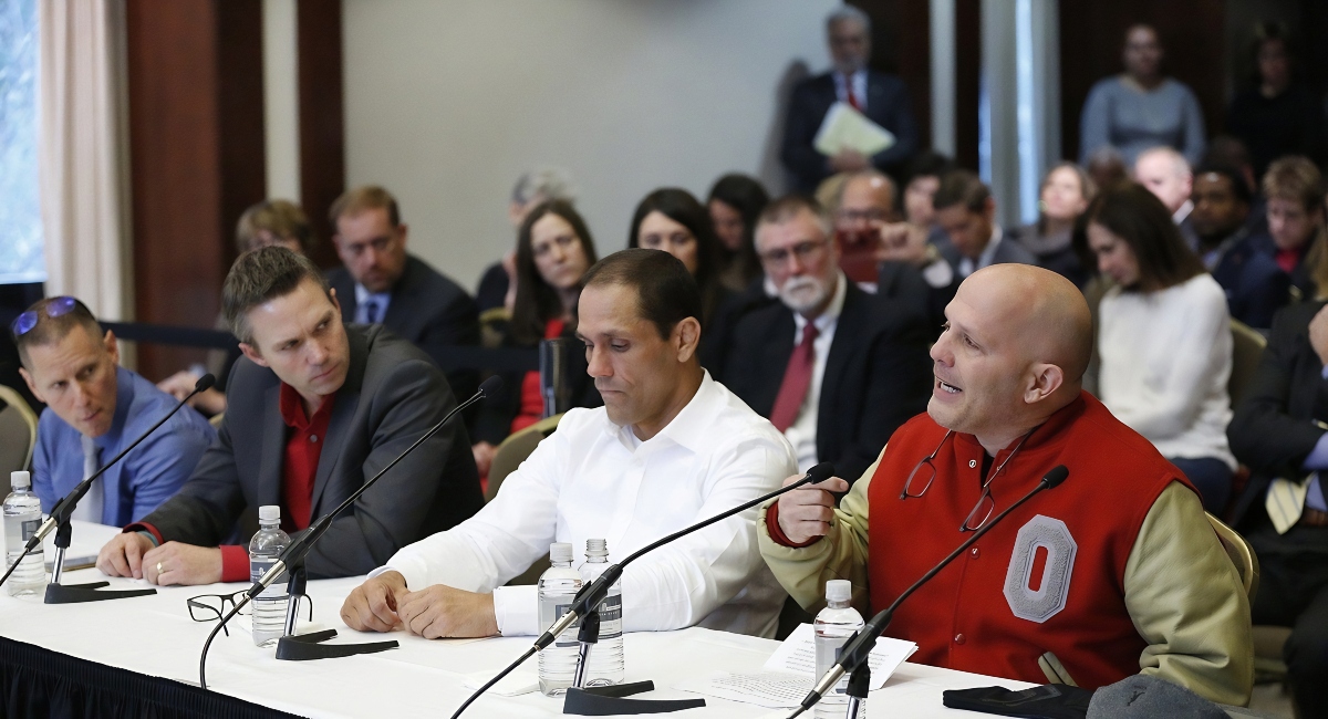 Victims of Dr. Richard Strauss, from right, Michael DiSabato, Mike Schyck, Brian Garrett and Stephen Snyder Hill during an Ohio State University Board of Trustees meeting at the Longaberger Alumni House on Nov. 16, 2018. Victims of Dr. Richard Strauss, from right, Michael DiSabato, Mike Schyck, Brian Garrett and Stephen Snyder Hill during an Ohio State University Board of Trustees meeting at the Longaberger Alumni House on Nov. 16, 2018.