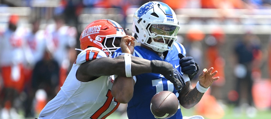 Gabe Jacas stripping the ball from Duke QB Darian Mensah Gabe Jacas stripping the ball from Duke QB Darian Mensah