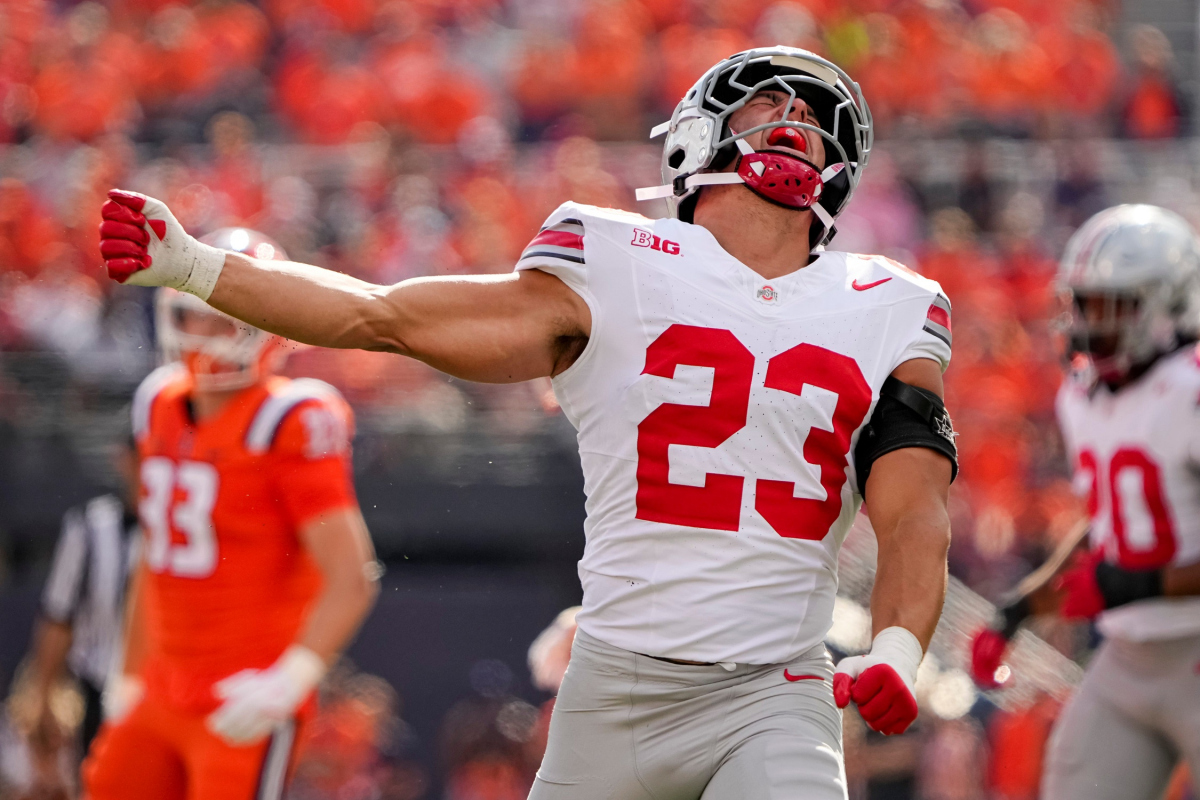 Ohio State Buckeyes linebacker Garrett Stover (23) reacts to a tackle on a kickoff during the second half of the NCAA football game against the Illinois Fighting Illini at Gies Memorial Stadium in Champaign on Oct. 11, 2025. Ohio State won 34-16.