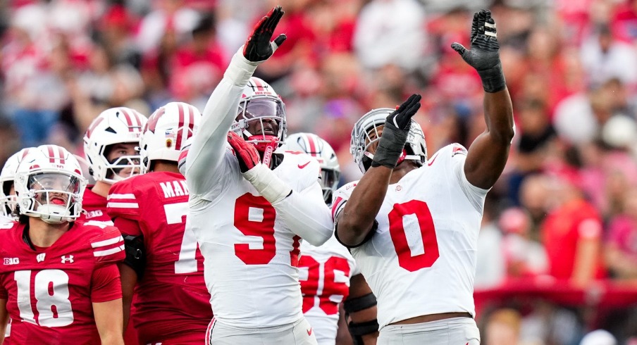 Ohio State Buckeyes safety Malik Hartford (9) and Sonny Styles (0) react during the game against the Wisconsin Badgers at Camp Randall Stadium on Saturday, Oct. 18, 2025 in Madison, Wisconsin. Ohio State Buckeyes safety Malik Hartford (9) and Sonny Styles (0) react during the game against the Wisconsin Badgers at Camp Randall Stadium on Saturday, Oct. 18, 2025 in Madison, Wisconsin.