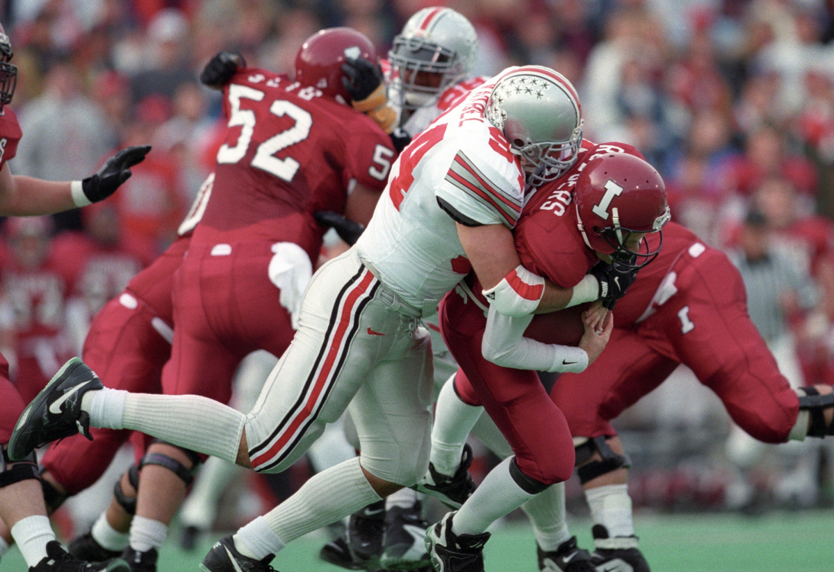 Nov 16, 1996; Bloomington, IN, USA; Ohio State Buckeyes linebacker Mike Vrabel (94) in action against the Indiana Hoosiers at Memorial Stadium. The Buckeyes beat the Hoosiers 27-17.