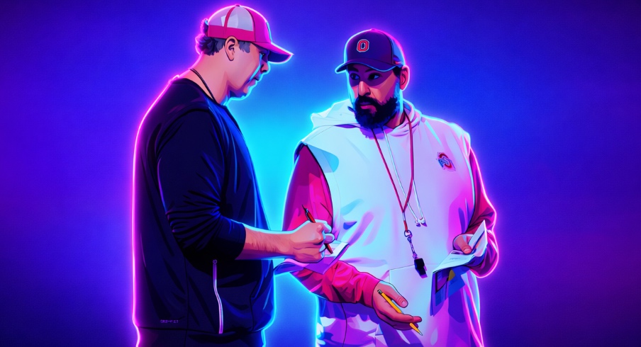 Ohio State Buckeyes offensive coordinator Arthur Smith, left, talks to defensive coordinator Matt Patricia during the first day of spring workouts for the 2026 football season at Woody Hayes Athletic Complex in Columbus on March 10, 2026.
