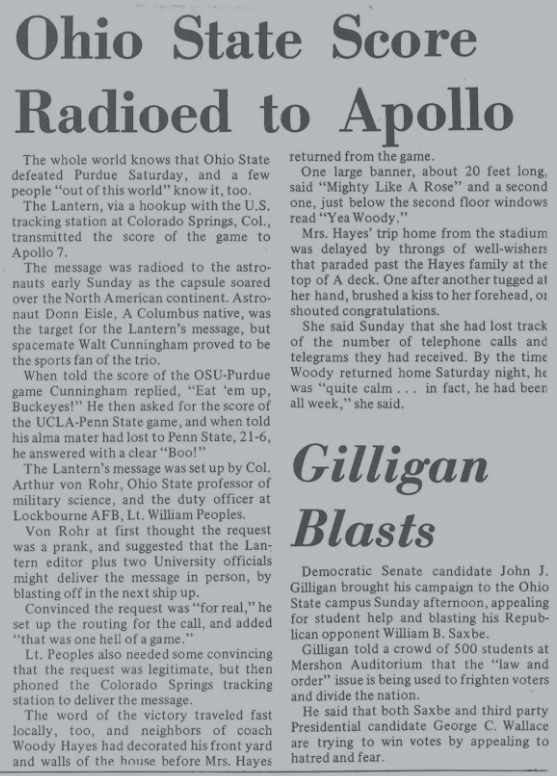 "Ohio State Score Radioed to Apollo" from The Lantern, 10/14/1968 "Ohio State Score Radioed to Apollo" from The Lantern, 10/14/1968