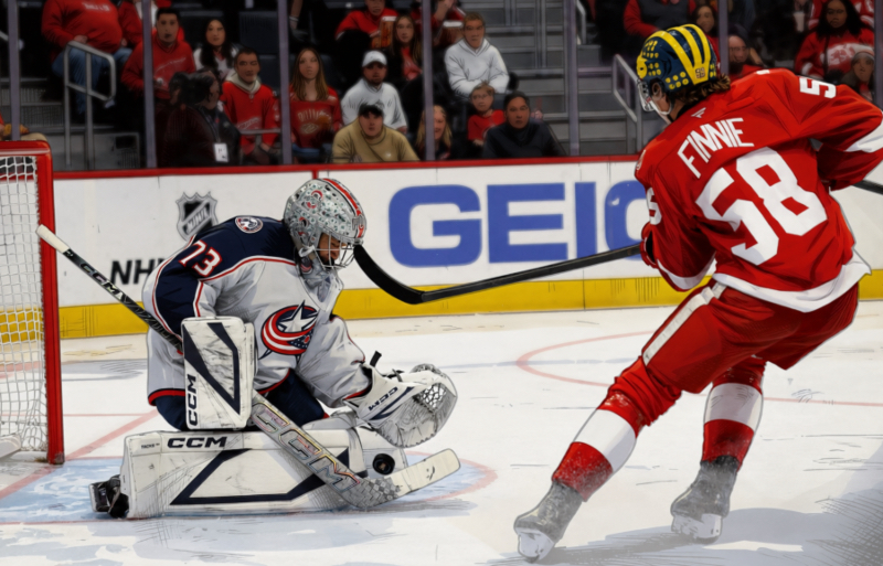 Apr 7, 2026; Detroit, Michigan, USA; Columbus Blue Jackets goaltender Jet Greaves (73) makes a save on Detroit Red Wings center Emmitt Finnie (58) in the second period at Little Caesars Arena. Mandatory Credit: Rick Osentoski-Imagn Images