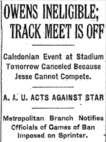 New York Times article on Owens amateur ineligibility from September 16, 1936 New York Times article on Owens amateur ineligibility from September 16, 1936