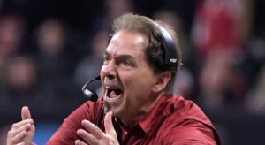 Jan 8, 2018; Atlanta, GA, USA; Alabama Crimson Tide head coach Nick Saban reacts during the 2018 CFP national championship college football game against the Georgia Bulldogs at Mercedes-Benz Stadium. Alabama defeated Georgia 26-23 in overtime. Mandatory Credit: Kirby Lee-USA TODAY Sports