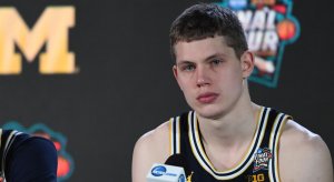 Apr 2, 2018; San Antonio, TX, USA; Michigan Wolverines guard Muhammad-Ali Abdur-Rahkman (left) and forward Moritz Wagner (right) at a press conference after losing to the Villanova Wildcats in the championship game of the 2018 men's Final Four at Alamodome. Mandatory Credit: Shanna Lockwood-USA TODAY Sports