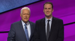 "Jeopardy" host Alex Trebek (left) poses with Aaron Goetsch (right) of Macomb, MI. Goetsch appeared as a contestant on the show on Thursday, Feb. 27. 2020. (Photo courtesy of Jeopardy Productions, Inc.)