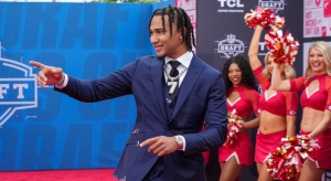 Apr 27, 2023; Kansas City, MO, USA; Ohio State quarterback C.J. Stroud walks the NFL Draft Red Carpet before the first round of the 2023 NFL Draft at Union Station. Mandatory Credit: Kirby Lee-USA TODAY Sports