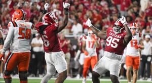 Mikail Kamara and Tyrique Tucker celebrating a sack