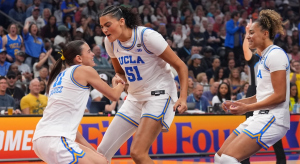 UCLA’s Lauren Betts, Gabriela Jaquez and Kiki Rice celebrating
