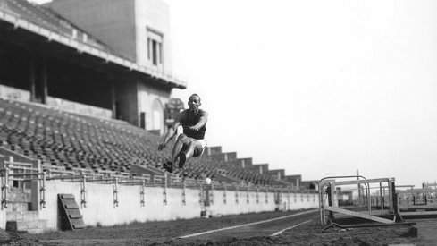 Jesse Owens practicing the broad jump in Ohio Stadium, 1935 via The OSU Library