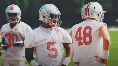 Linebacker Raekwon McMillan spent time with the upperclassmen at Ohio State's first practice of fall camp.
