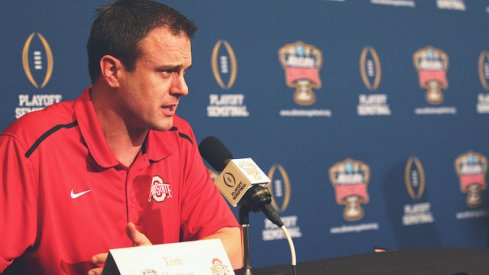 Ohio State co-offensive coordinator and quarterbacks coach Tom Herman speaks to the media in New Orleans.