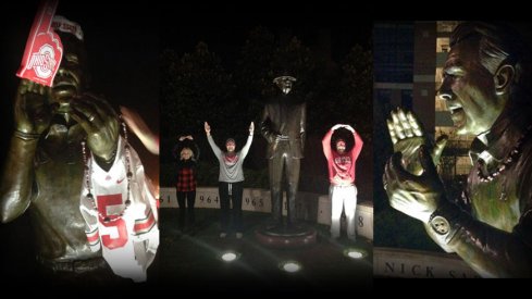 Ohio State fans clowning on the Nick Saban and Bear Bryant statues in Tuscaloosa as they make their way to New Orleans.