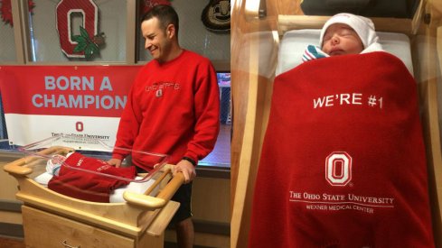 Wexner Medical Center babies swaddled in "We're #1" blankets.