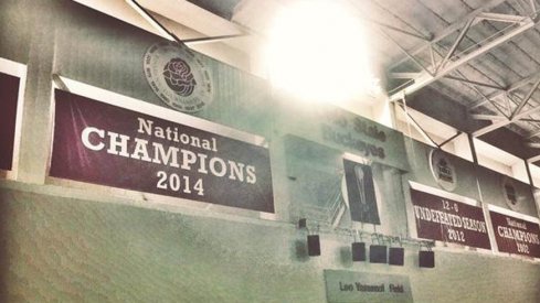 Ohio State's new national championship banner at the Woody Hayes Athletic Center