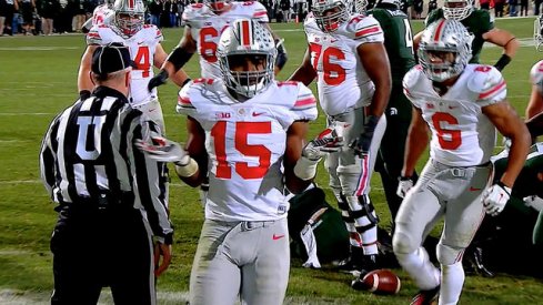 Ezekiel Elliott does the Bosa shrug after scoring a touchdown against Michigan State.