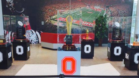 The new entryway into the Woody Hayes Athletic Center has a shiny new trophy.