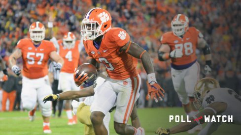 OCTOBER 3, 2015: Clemson wide receiver Artavius Scott (3) breaks a tackle on his way to a touchdown during 1st half action between the Clemson Tigers and the Notre Dame Fighting Irish at Memorial Stadium in Clemson, SC. (Photograph by Doug Buffington/ Icon Sportswire).
