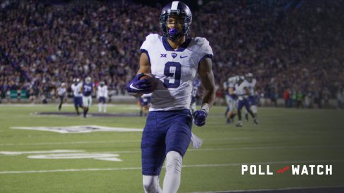 October 10, 2015: TCU Horned Frogs wide receiver Josh Doctson (9) strides into the end zone to give TCU the lead late in the fourth quarter during the NCAA Big 12 football game between the TCU Horned Frogs and the Kansas State Wildcats at Bill Snyder family memorial stadium in Manhattan, Kansas. TCU defeated Kansas State 52-45 (Photo by William Purnell/Icon Sportswire)