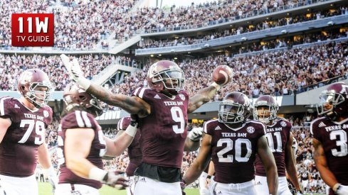 October 3, 2015: Texas A&M Aggies wide receiver Ricky Seals-Jones (9) celebrates a first half touchdown reception during the Mississippi State Bulldogs vs Texas A&M Aggies game at Kyle Field, College Station, Texas.