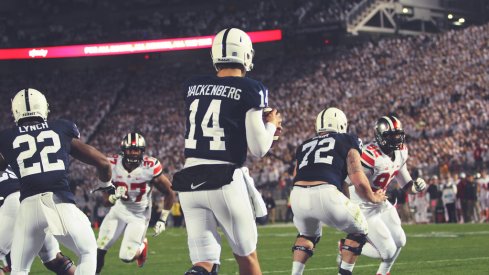 Christian Hackenberg drops pack to pass last season vs. Ohio State.