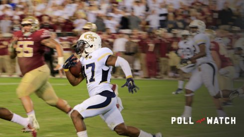 October 24, 2015: Lance Austin (17) returns a missed field goal 78 yards to score a touchdown to put the Yellow Jackets ahead 22-16 with no time left on the clock during the game between the Florida State University Seminoles and the Georgia Tech Yellow Jackets at Bobby Dodd Stadium in Atlanta, GA. (Photo by David J. Griffin/Icon Sportswire)