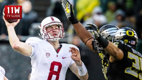 Nov. 1, 2014 : Stanford Cardinal quarterback Kevin Hogan (8) throws under pressure from the Oregon Ducks defense during the game between the Stanford Cardinal and the Oregon Ducks at Autzen Stadium in Eugene, Oregon.