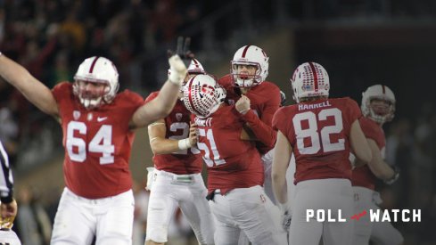 28 Nov 2015: Members of the Stanford special teams unit celebrate after K Conrad Ukropina (center) hits game winning FG as time expires in the Notre Dame Fighting Irish and Stanford Cardinal football game in Palo Alto, CA. Final score, Stanford 38, Notre Dame 36. (Photo by Larry Placido/Icon Sportswire)