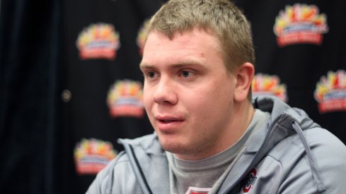 Pat Elflein meets with the media at the Fiesta Bowl