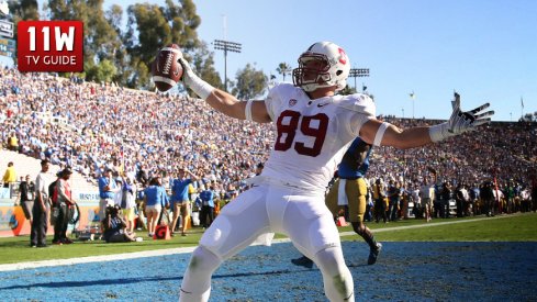 November 28, 2014: Stanford Cardinal wide receiver Devon Cajuste (89) celebrates after scoring a touchdown during the game against the UCLA Bruins at the Rose Bowl in Pasadena, CA.