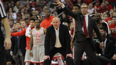 Thad Matta and Jeff Boals look on from the Buckeye bench.