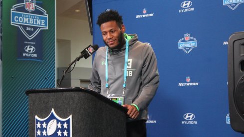 Vonn Bell and Eli Apple meet reporters at the NFL Combine.