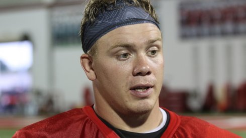 Ohio State center Pat Elflein meets with the media. 
