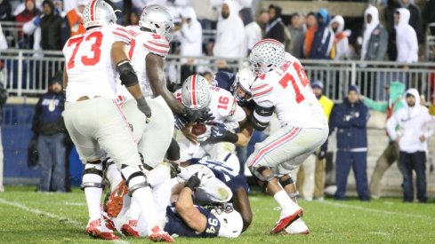 J.T. Barrett was sacked six times in Ohio State's 24-21 loss to Penn State in Happy Valley. 