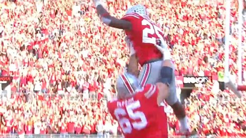 Mike Weber and Pat Elflein celebrate a touchdown.