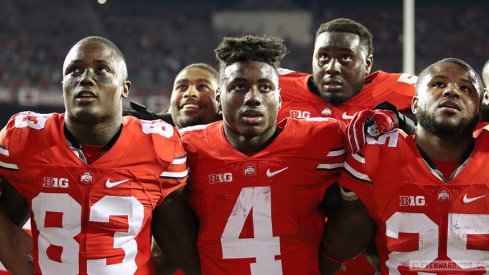 Terry McLaurin, Jonathon Cooper, Curtis Samuel, Isaiah Prince, and Mike Weber sing Carmen Ohio after beating Northwestern.