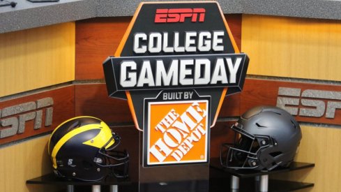 Michigan, Ohio State helmets on the College GameDay set. 
